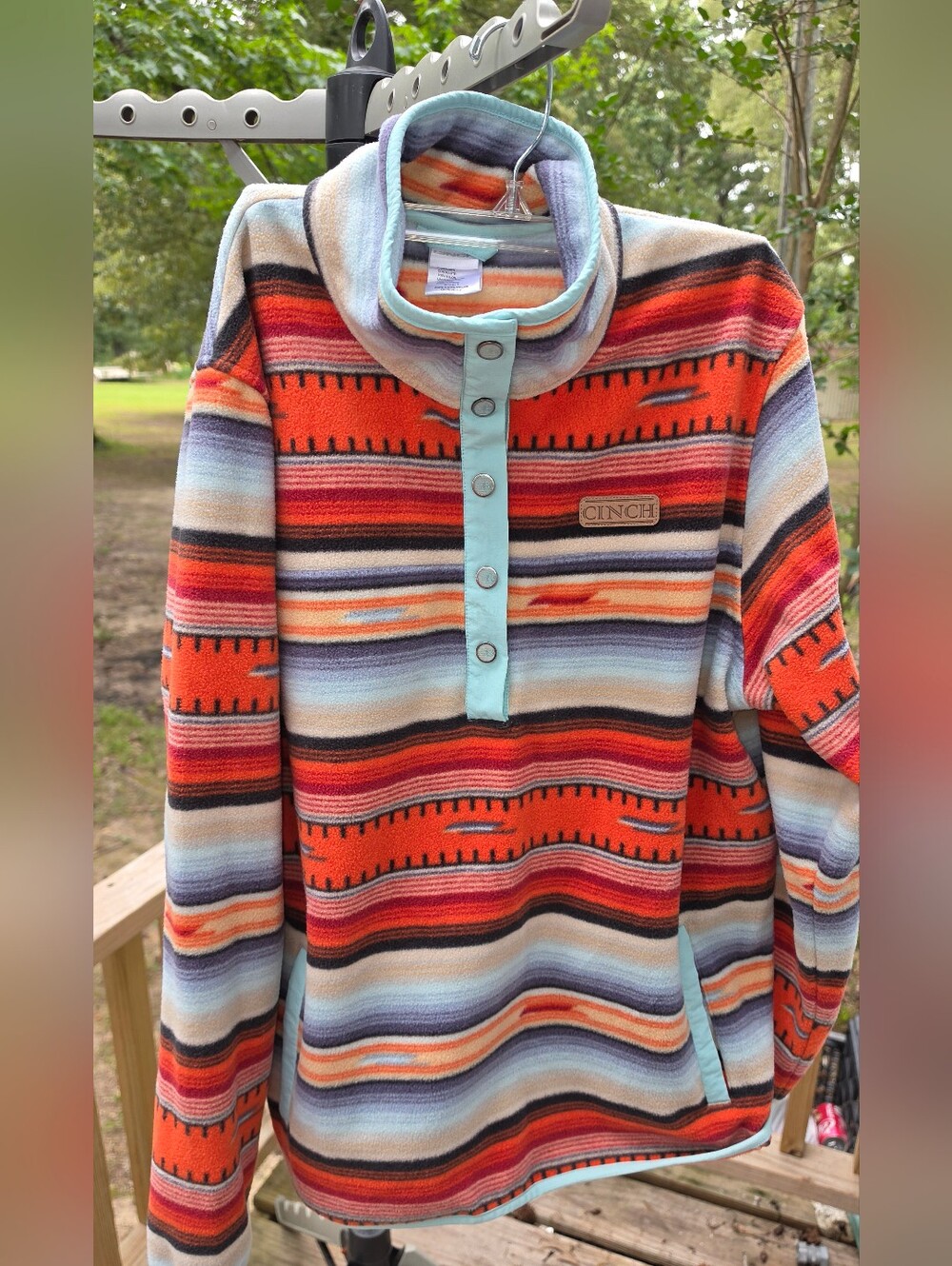 Cinch Orange and Turquoise Striped Pullover Fleece Serape Large